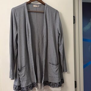 LOGO by Lori Goldstein Women's Gray Cardigan with Lace Trim